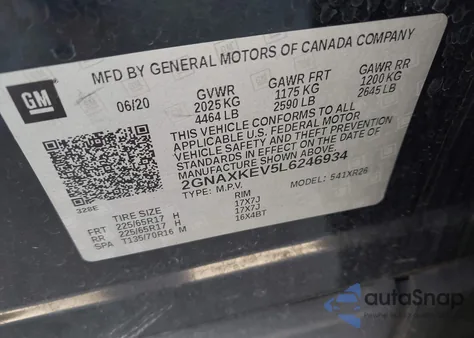 2020 Chevrolet Equinox Fwd Lt 1.5L Turbo из США, поврежденный, VIN 2GNAXKEV5L6246934